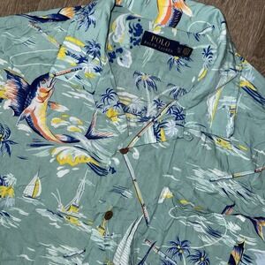 Polo Ralph Lauren Camp Collar Short Sleeve Hawaiian Shirt Men's XL Green Viscose